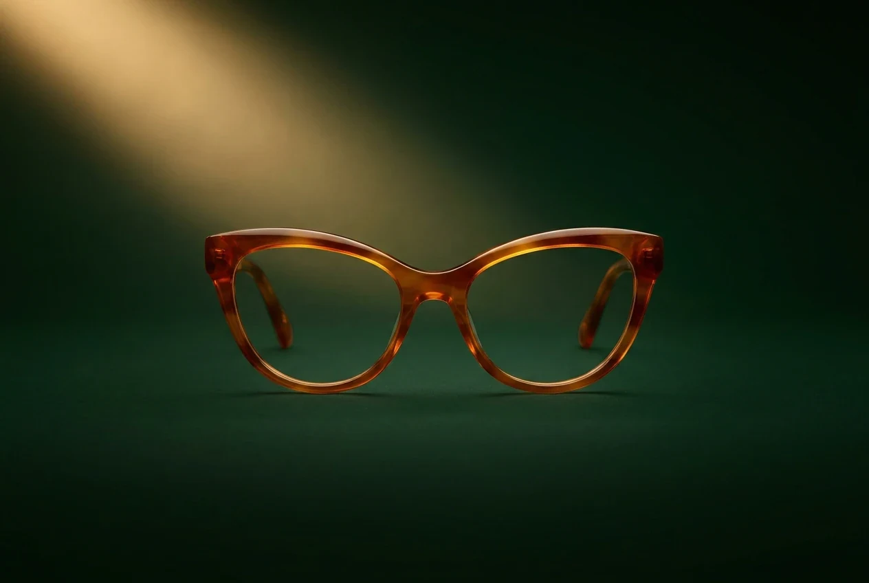 Amber tortoise cat-eye frame lit by a single warm beam on deep green