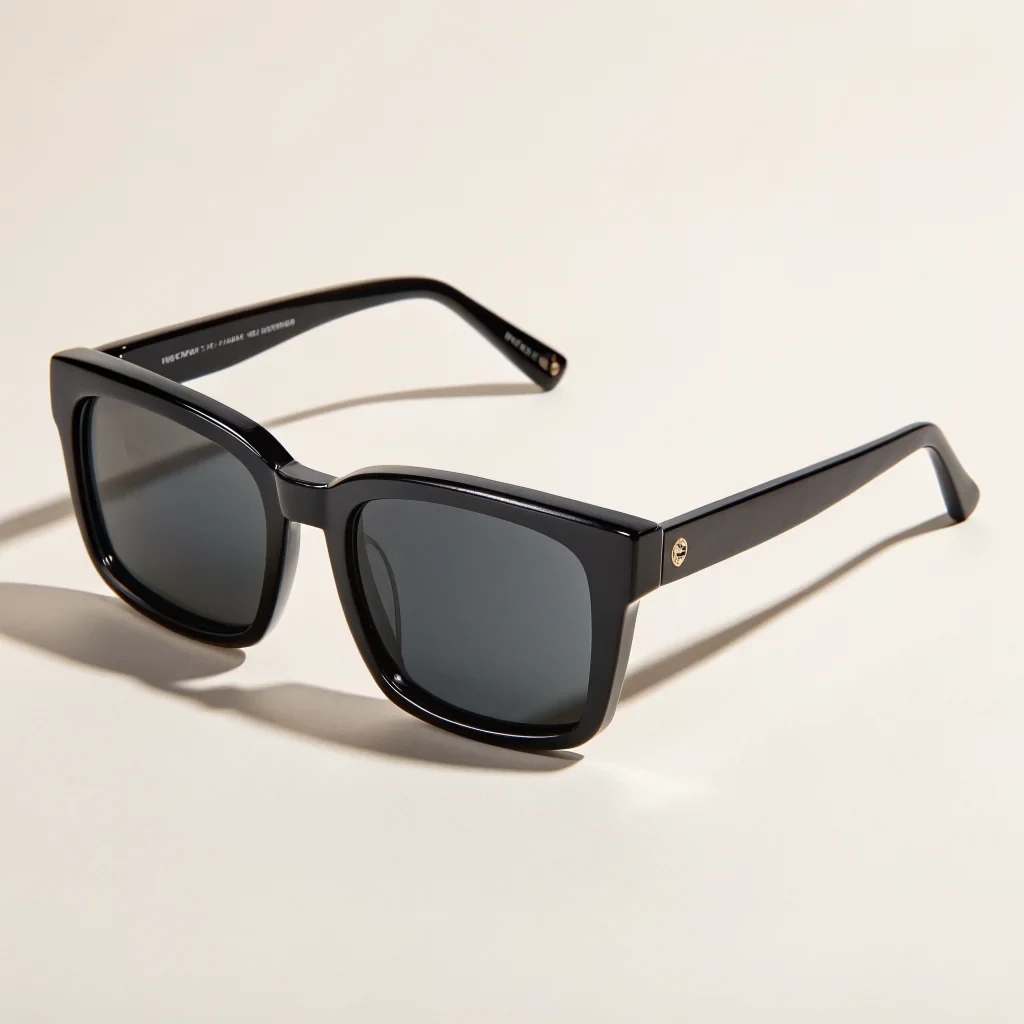 Vale black sunglasses standing at an angle on a warm studio ground