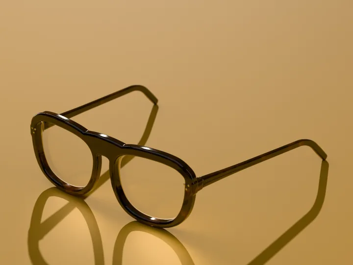 Hollis bold square glasses in Dark tortoise, in low sun on a warm ground